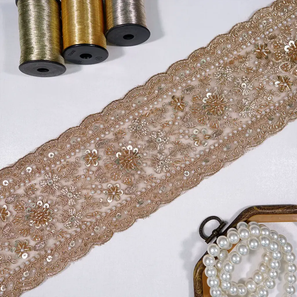 Sequence, Glass Beads & Pearl Embellishment Fancy Metallic Yarn Lace