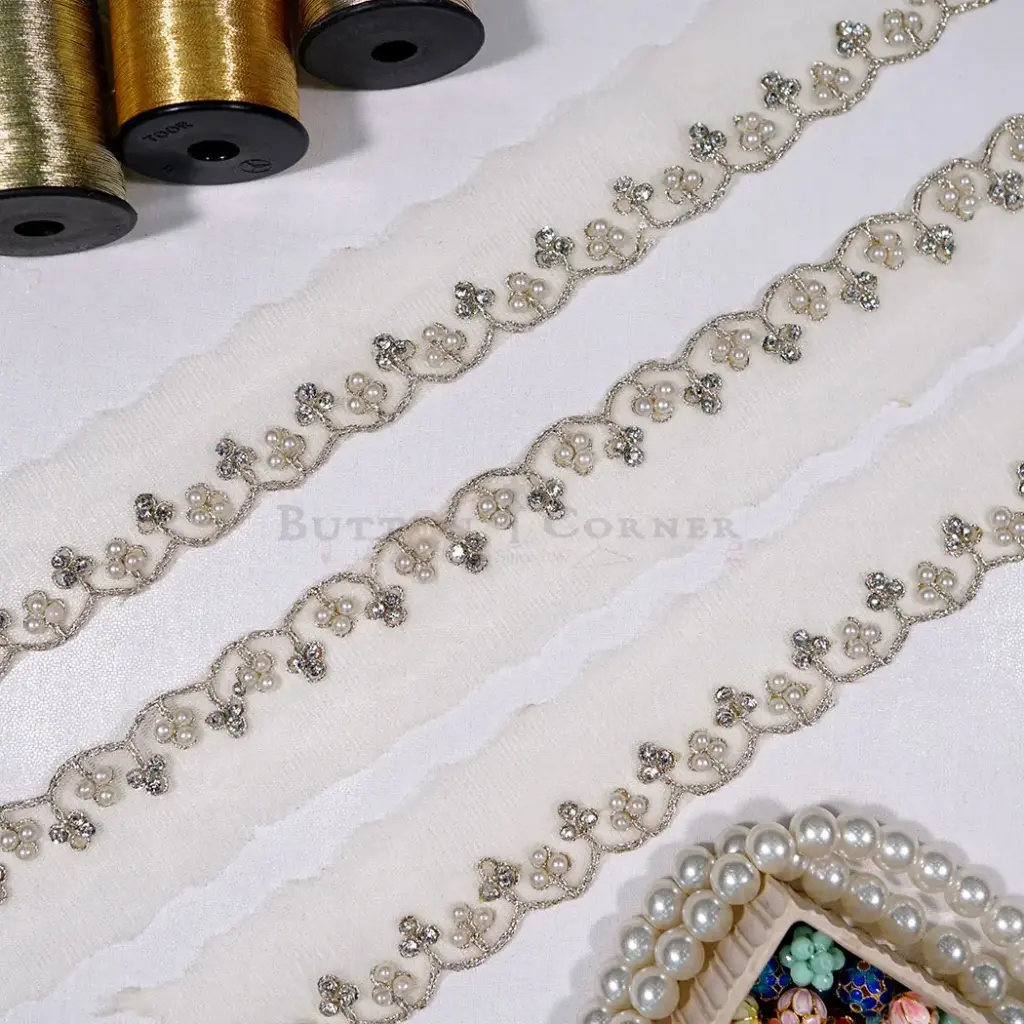 Wave Border with Pearl & Rhinestone Fancy Metallic Yarn Lace