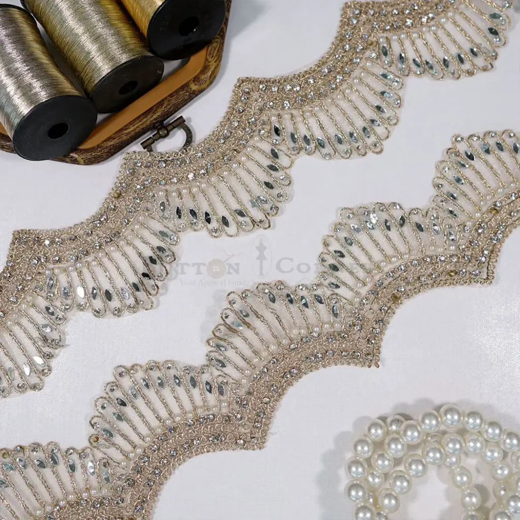 Decorative Scallop Design Fancy Metallic Yarn Lace with Rhinestone & Pearl Accent