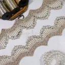 Decorative Scallop Design Fancy Metallic Yarn Lace with Rhinestone & Pearl Accent