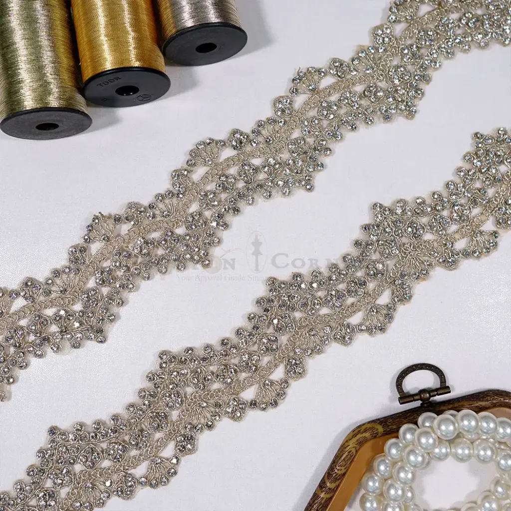 Decorative Rhinestone Fancy Metallic Yarn Lace