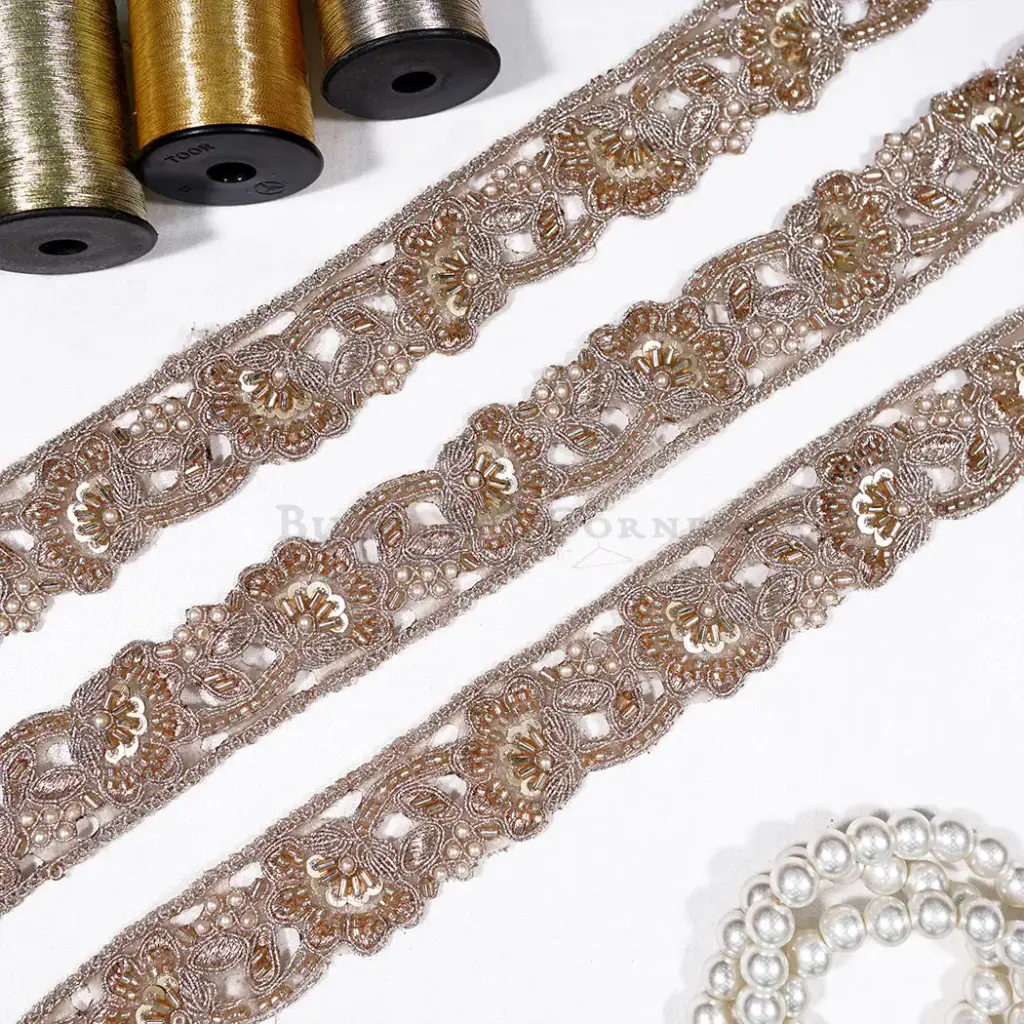 Decorative Glass Beads, Sequence & Pearl Metallic Yarn Lace