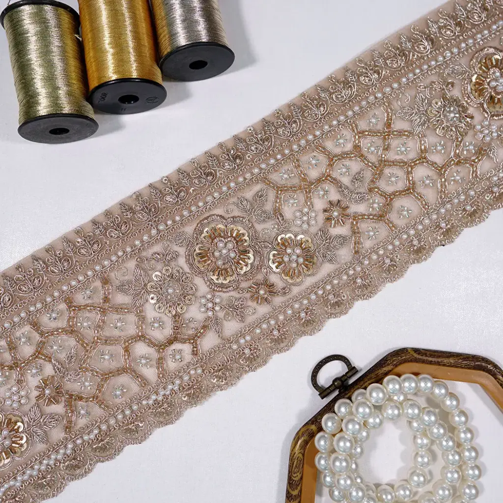 Fancy Metallic Yarn Lace Lavish with Sequence, Glass Beads & Pearl