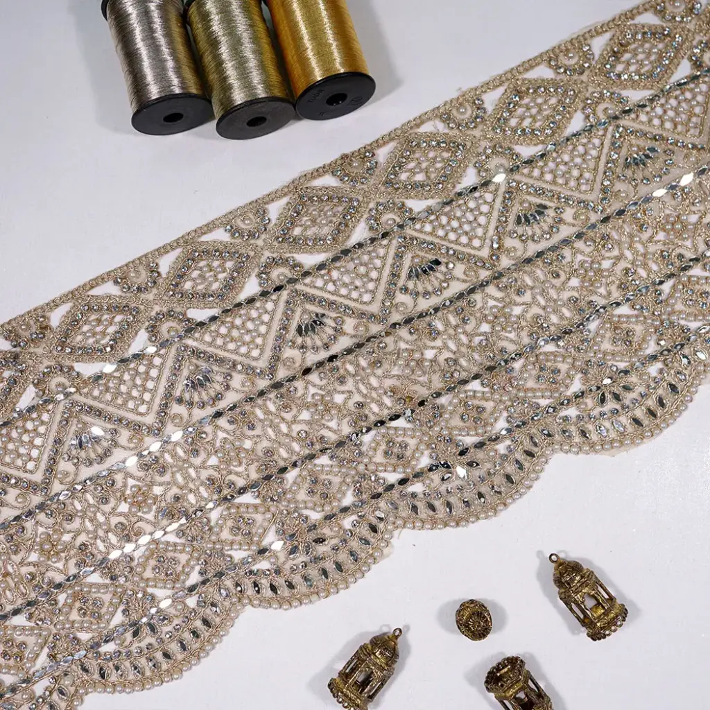 Decorative Pearl, Stones & Sequence Fancy Metallic Yarn Lace