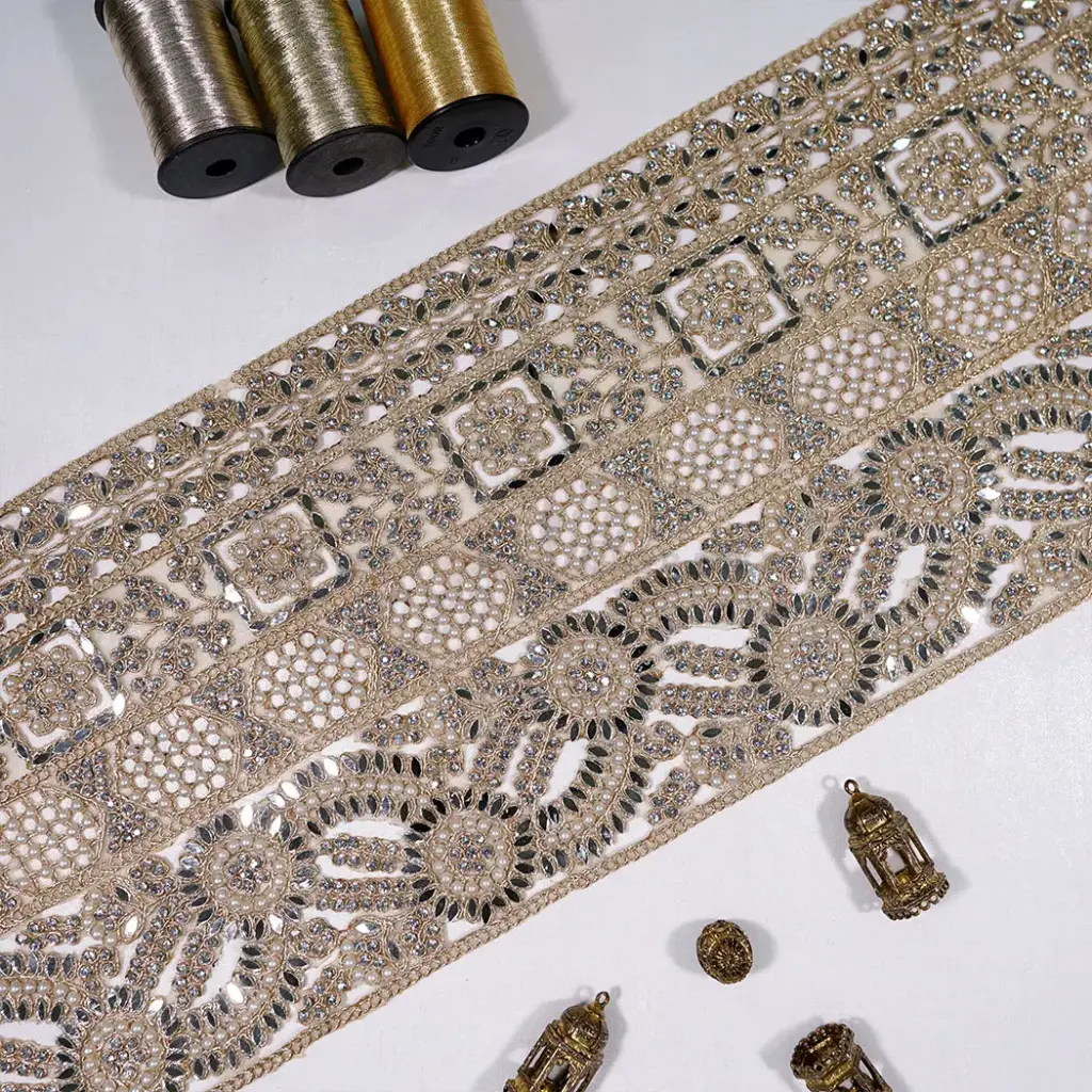 Fancy Metallic Yarn Lace Lavish with Pearl, Glass Beads & Sequence