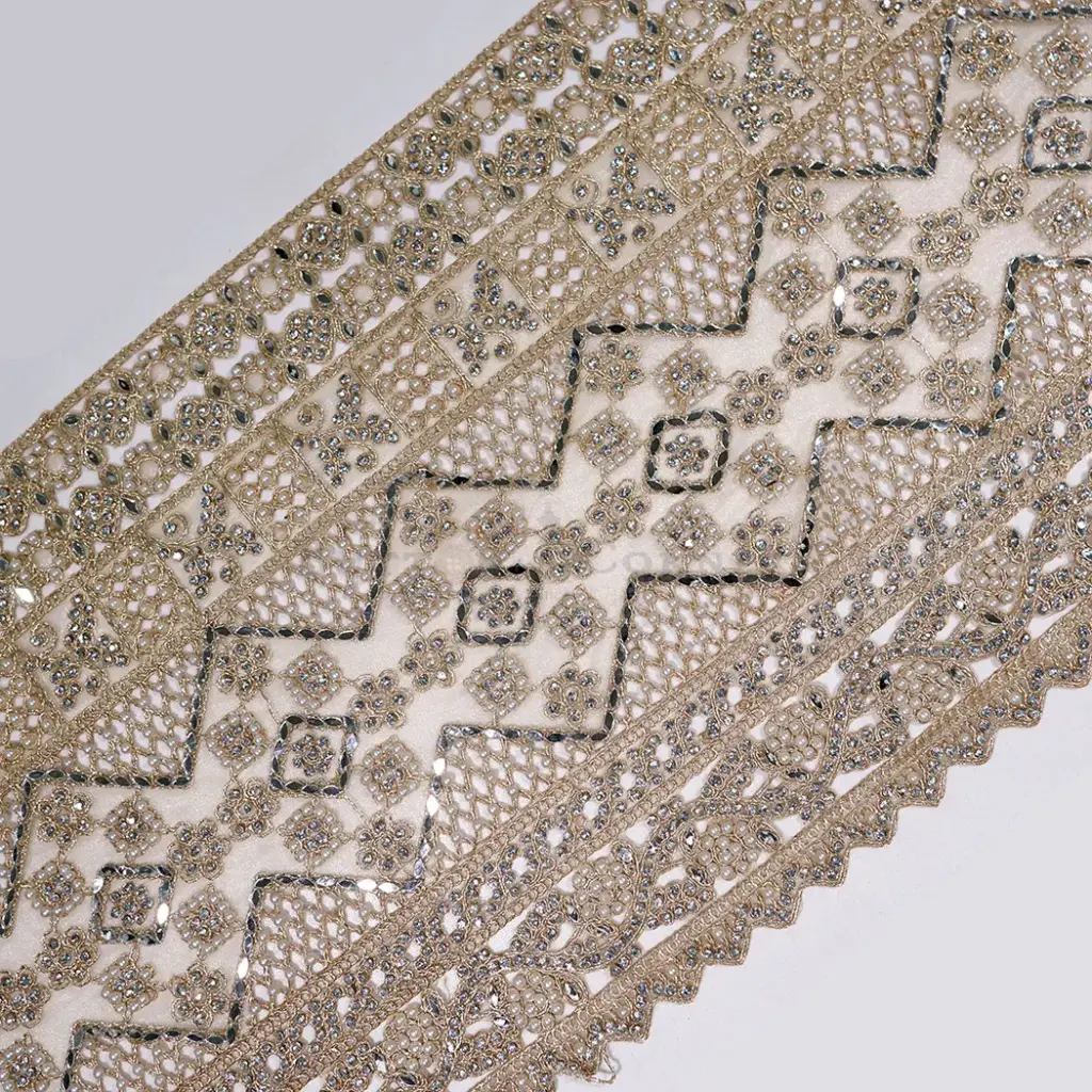 Geometric Design Fancy Metallic Yarn Lace Ornate with Rhinestone, Sequence & Pearl