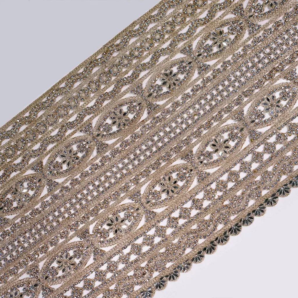 Geometric Design Fancy Metallic Yarn Lace Embellished with Stones, Pearl & Sequence