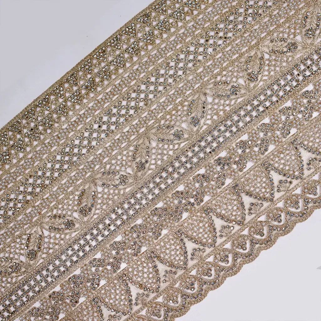 Fancy Metallic Yarn Sequence, Pearl & Glass Beads Accent Lace