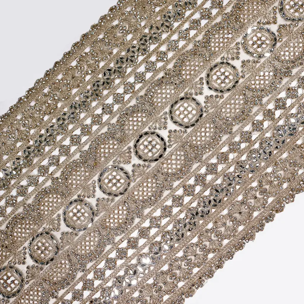 Fany Metallic Yarn Lace Embellished with Stones, Pearls & Sequence