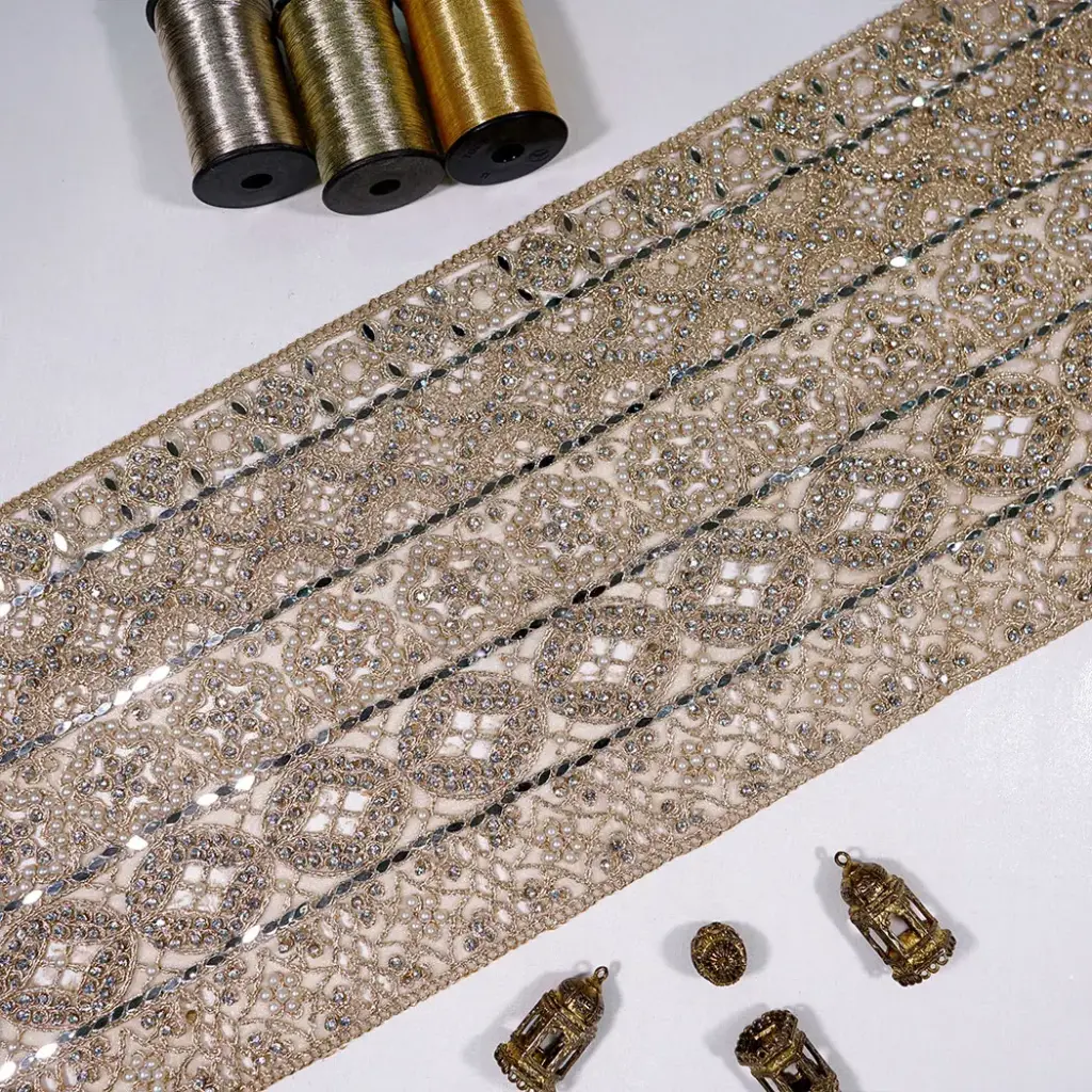 Fancy Metallic Yarn Sequence, Glass Beads & Pearl Accent Lace