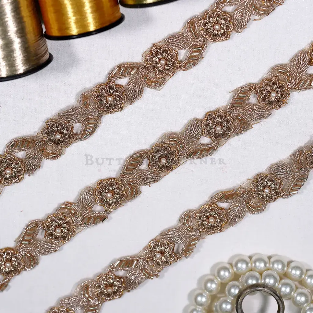 Geometric Floral Design Fancy Metallic Yarn Lace with Glass Beads & Pearl Lace