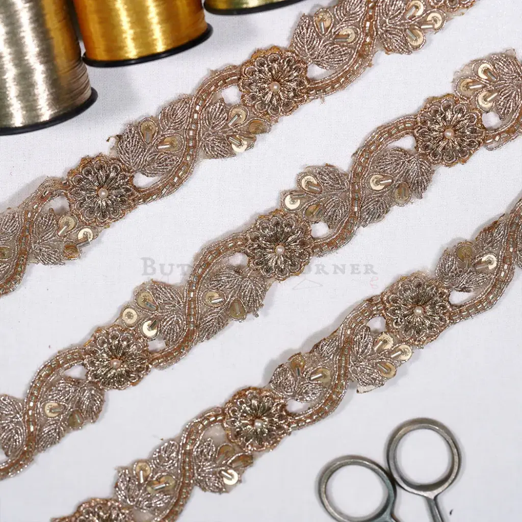 Decorative Floral Design Fancy Metallic Yarn Lace Embellished with Pearl & Glass Beads 
