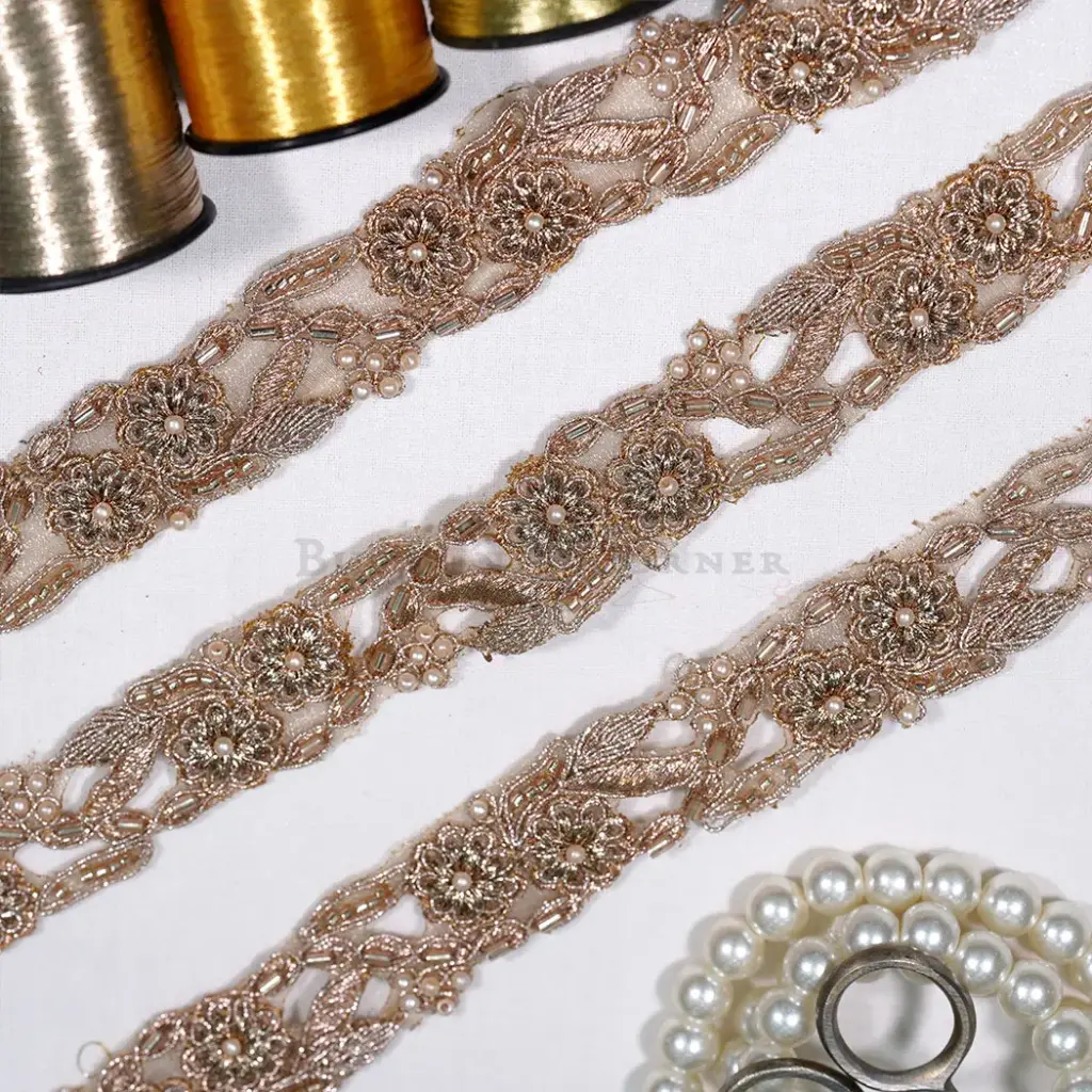 Blooming Blossom Design Fancy Metallic Yarn Lace with Pearl, Glass Beads 