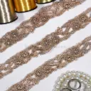Blooming Blossom Design Fancy Metallic Yarn Lace with Pearl, Glass Beads 