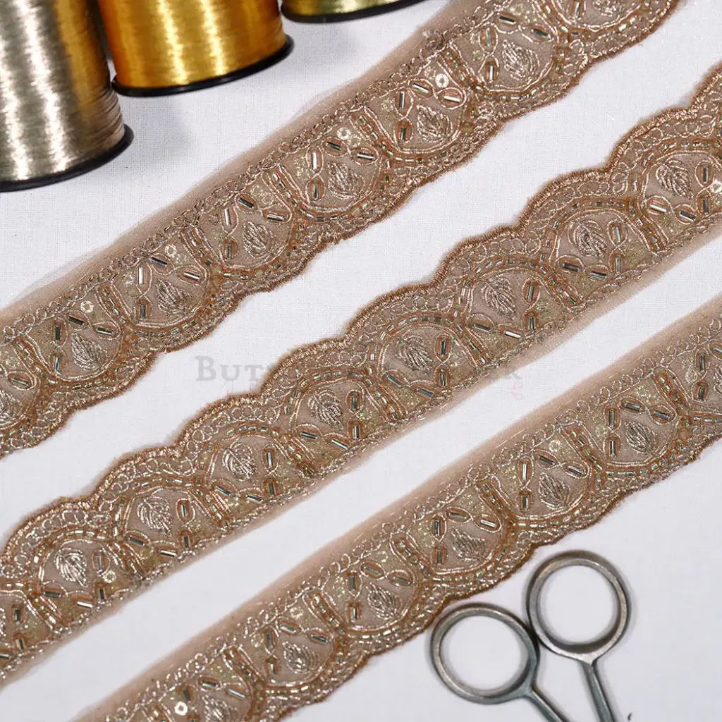 Fancy Metallic Yarn Scallop Edge Lace with Glass Beads & Sequence Accent