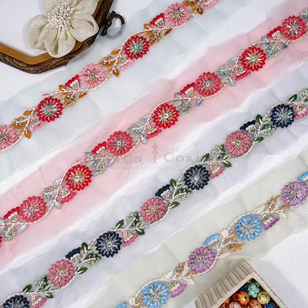 Geometric Floral Design Embroidery Lace with Glass Beads & Sequence