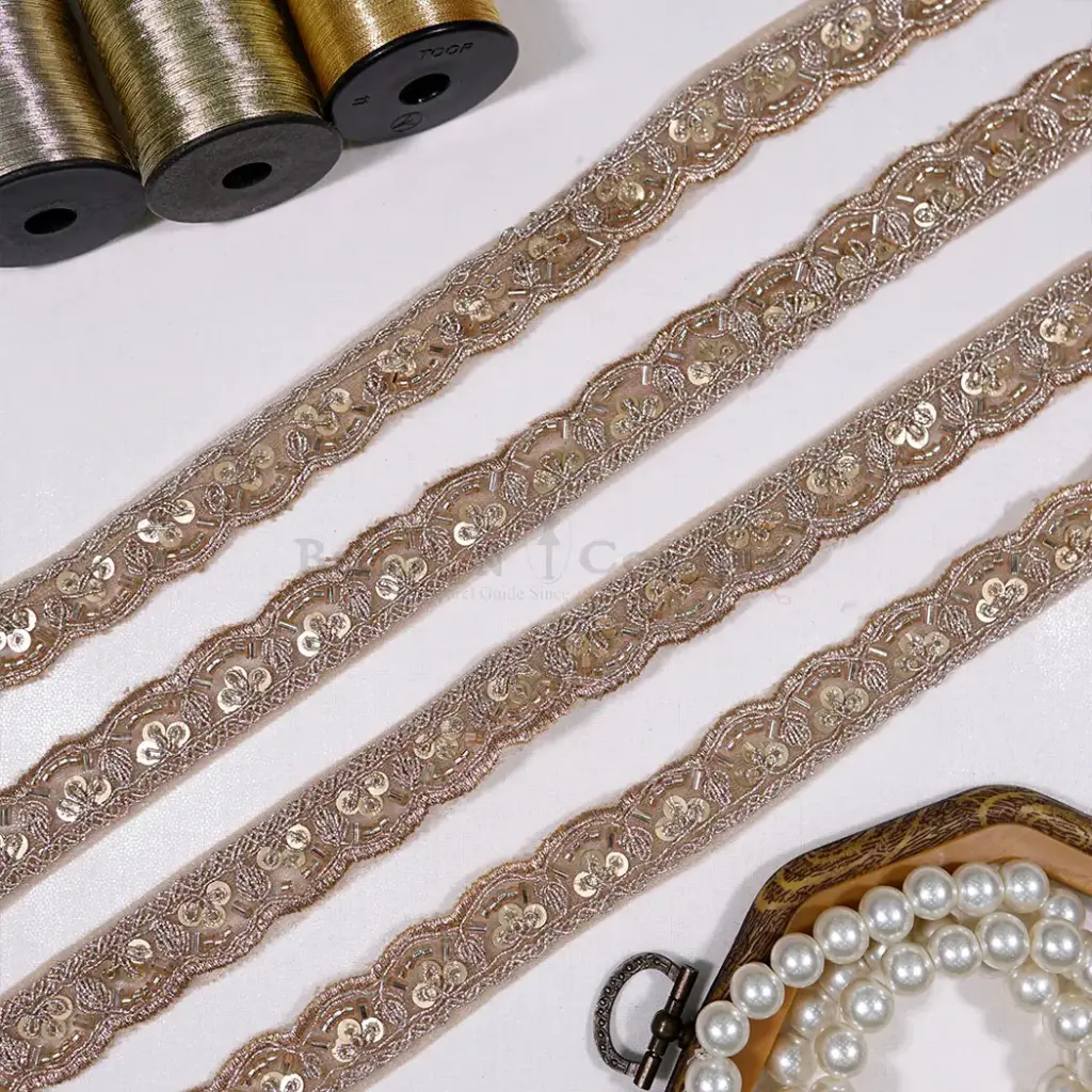 Scallop Border Fancy Metallic Yarn Lace Embellished with Sequence & Glass Beads