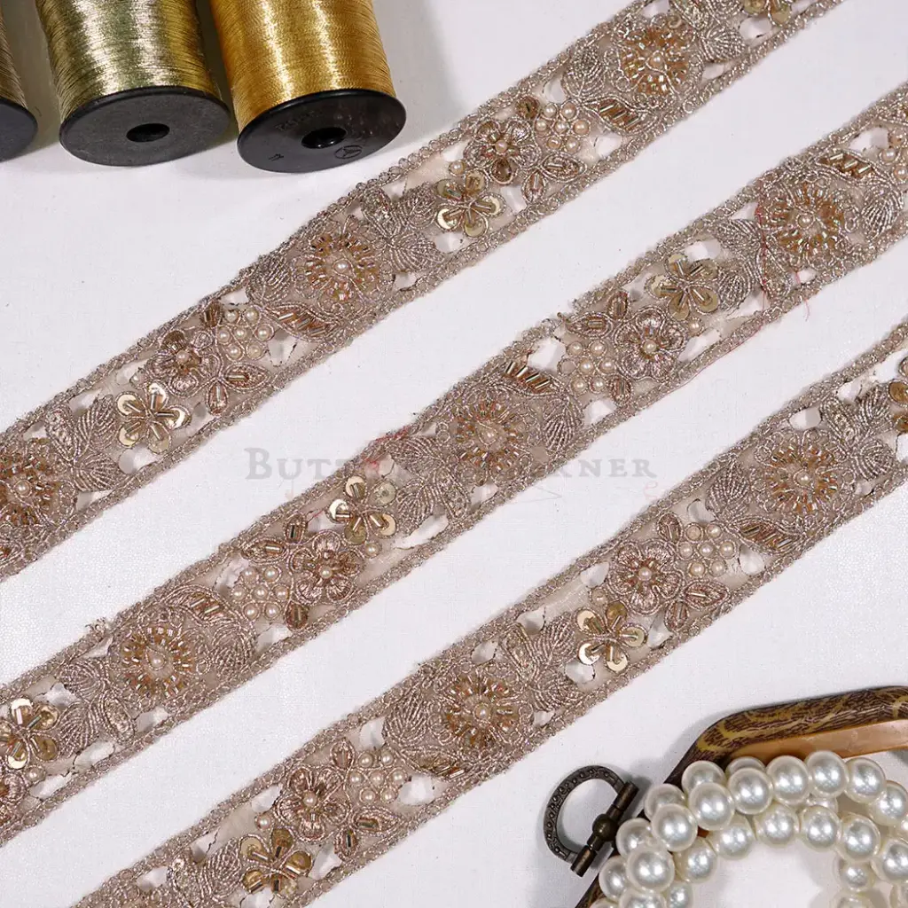 Geometric Design Fancy Metallic Yarn Sequence & Glass Beads Lace