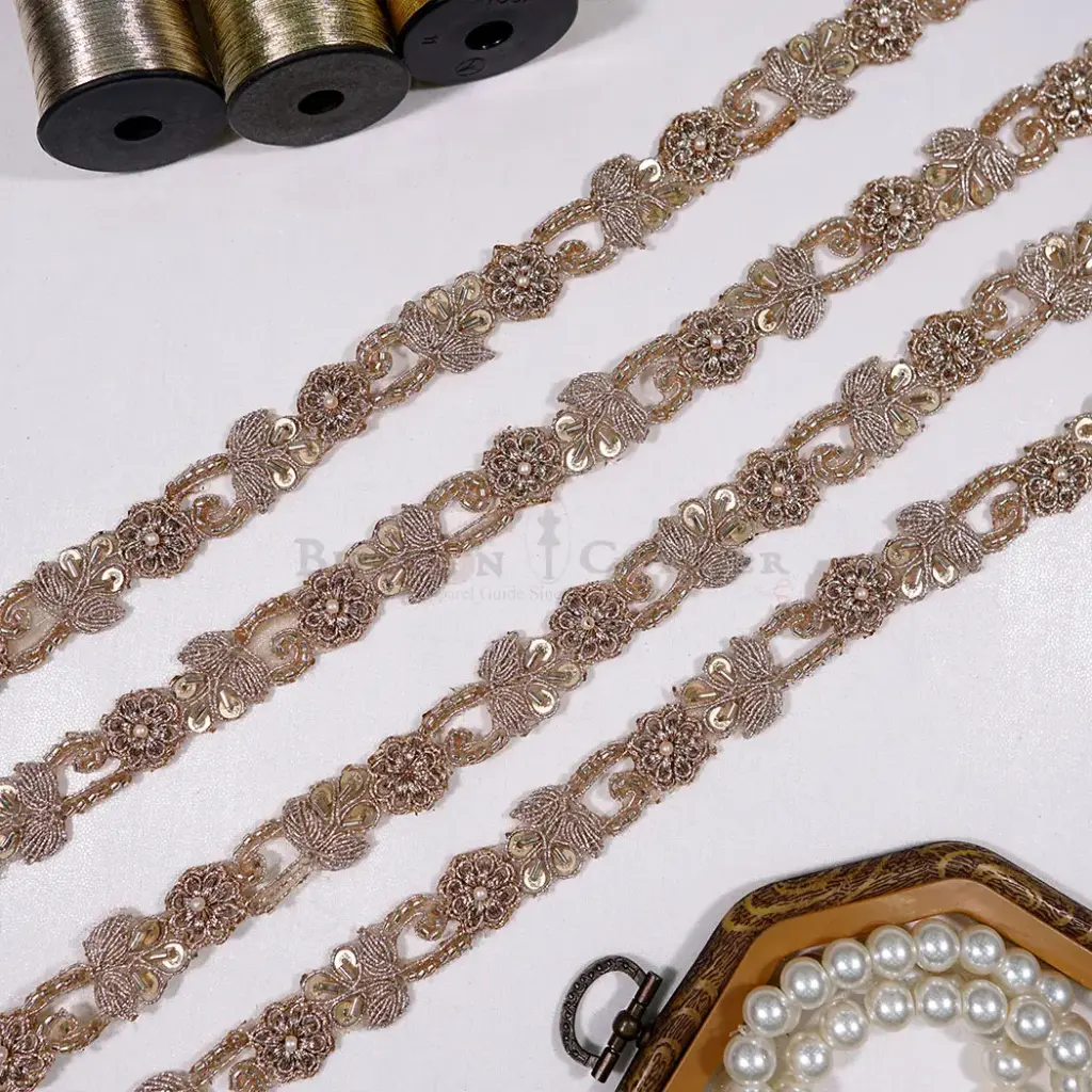 Blooming Blossom & Leaf Pattern Fancy Metallic Yarn Lace with Sequence, Glass Beads & Pearl