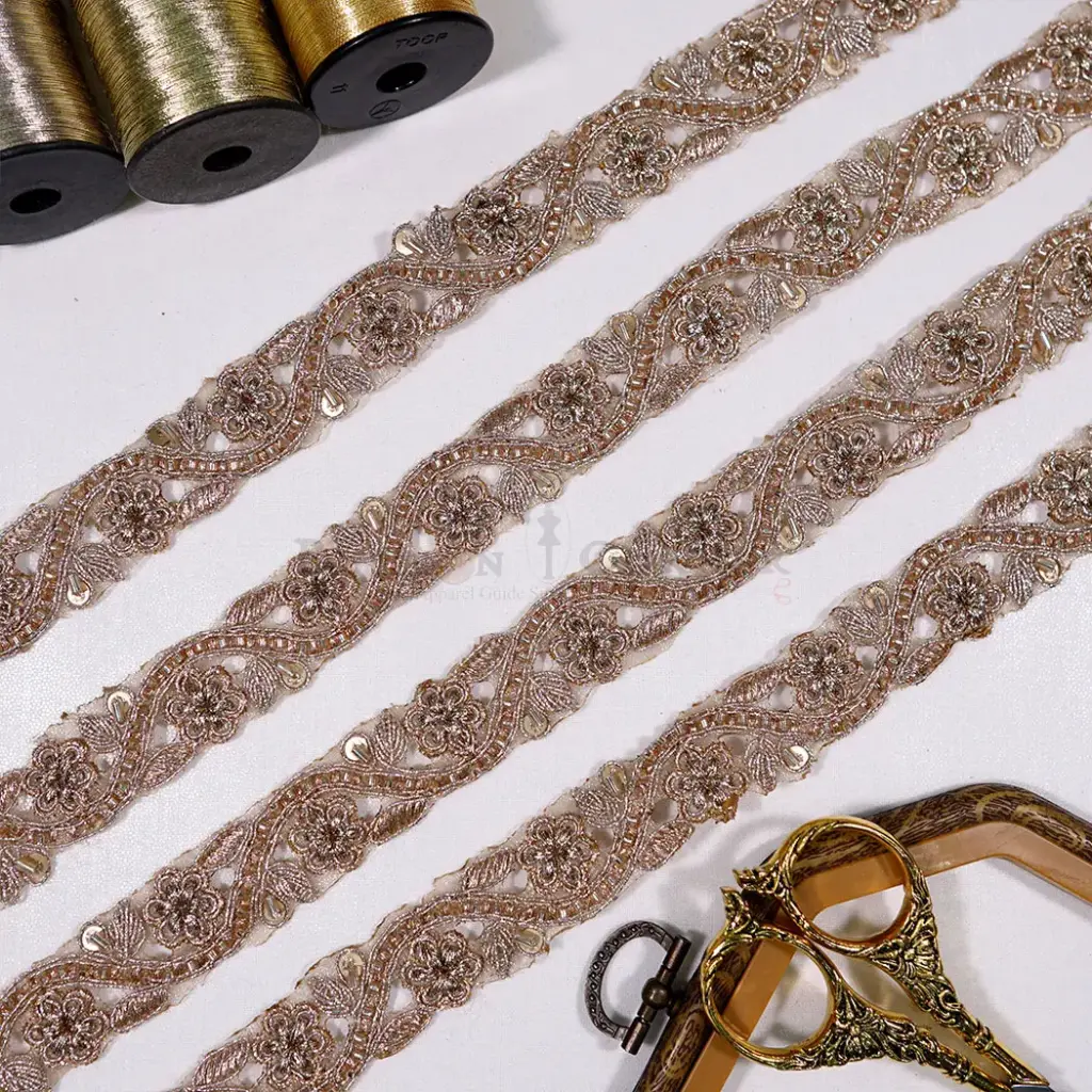 Leaf & Floral Design Fancy Metallic Yarn Lace with Glass Beads & Sequence