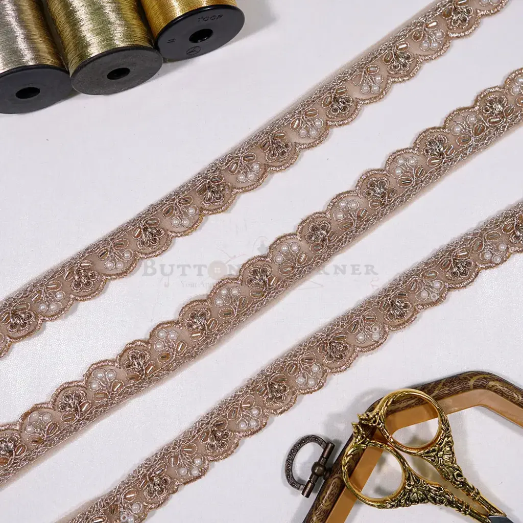Scallop Border Embellished with Pearl & Glass Beads Fancy Metallic Yarn Lace