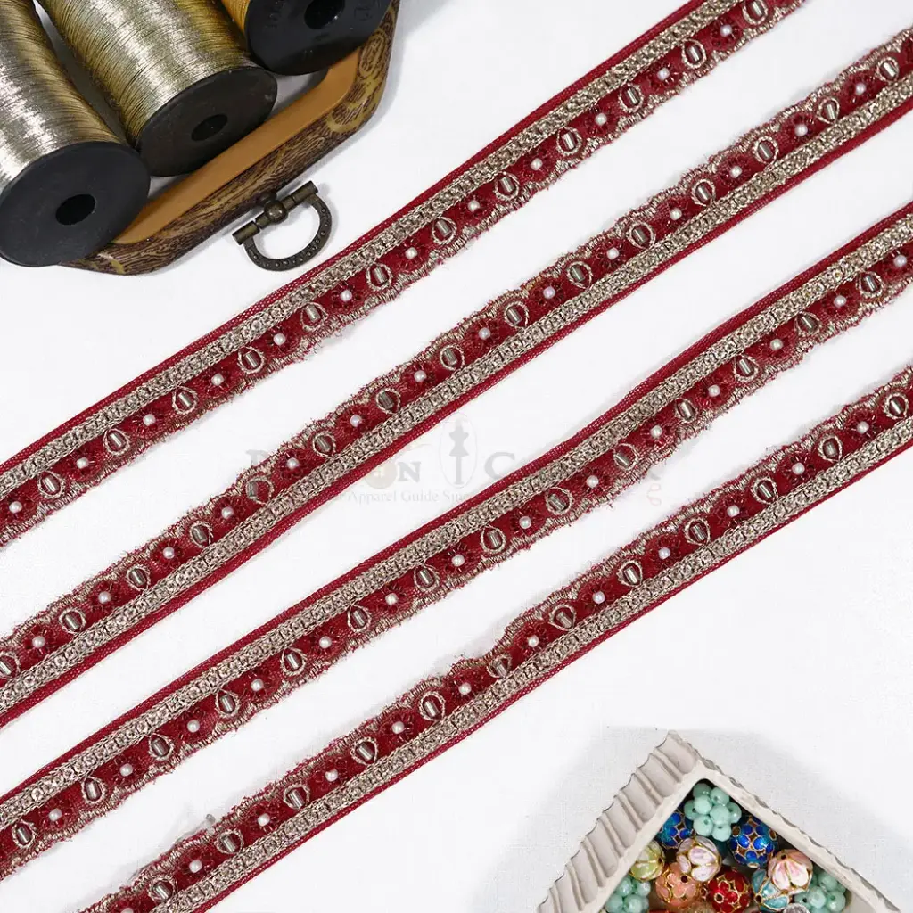 Gold Metallic Yarn Fancy Lace Ornate with Glass Beads, Sequence & Pearl