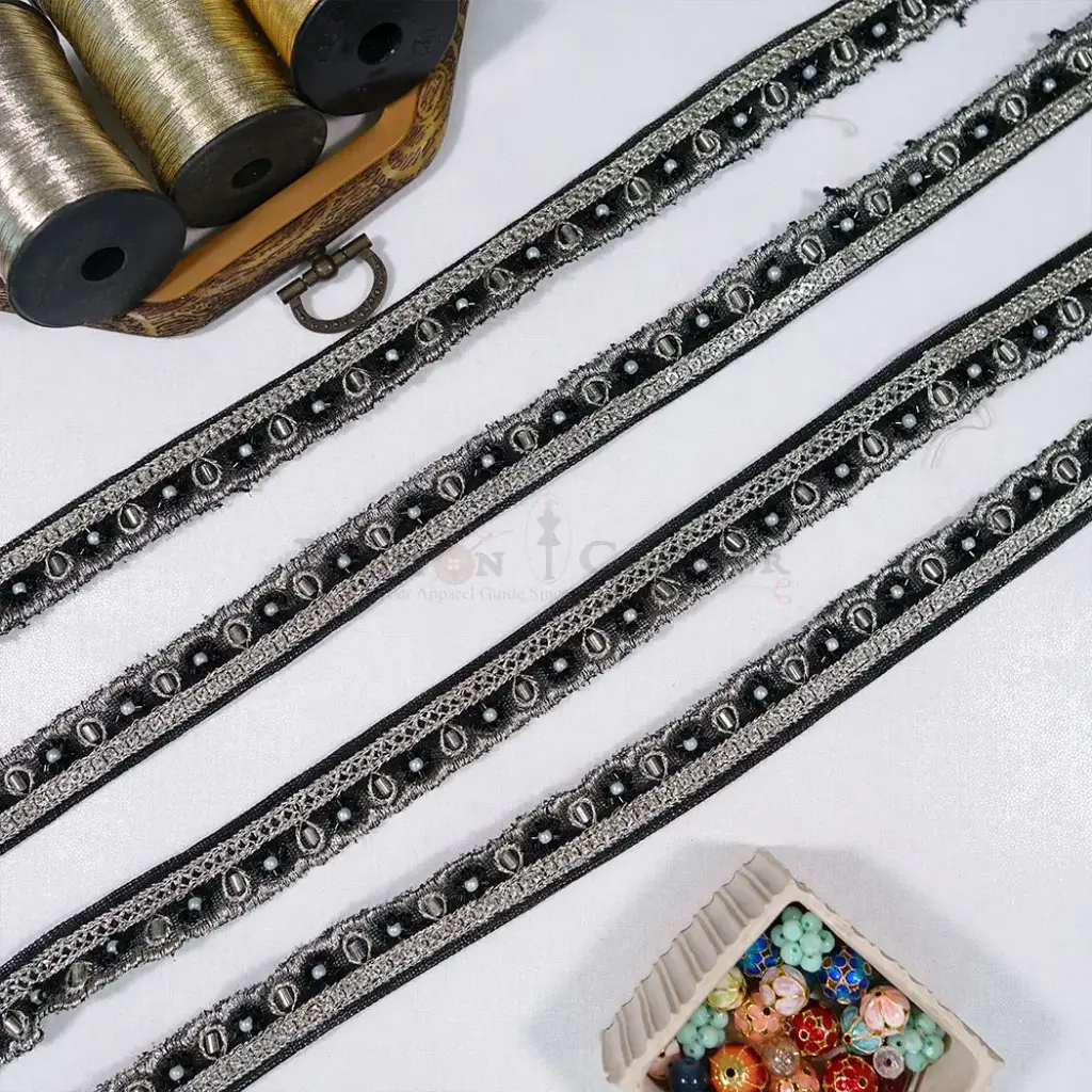 Silver Metallic Yarn Fancy Lace Ornate with Glass Beads, Sequence & Pearl