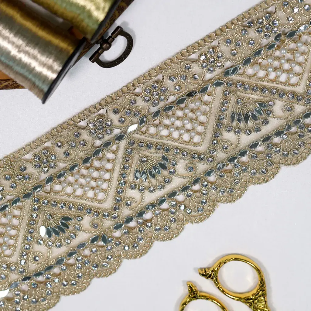 Geometric Design Stone & Pearl Accent Fancy Metallic Yarn Lace