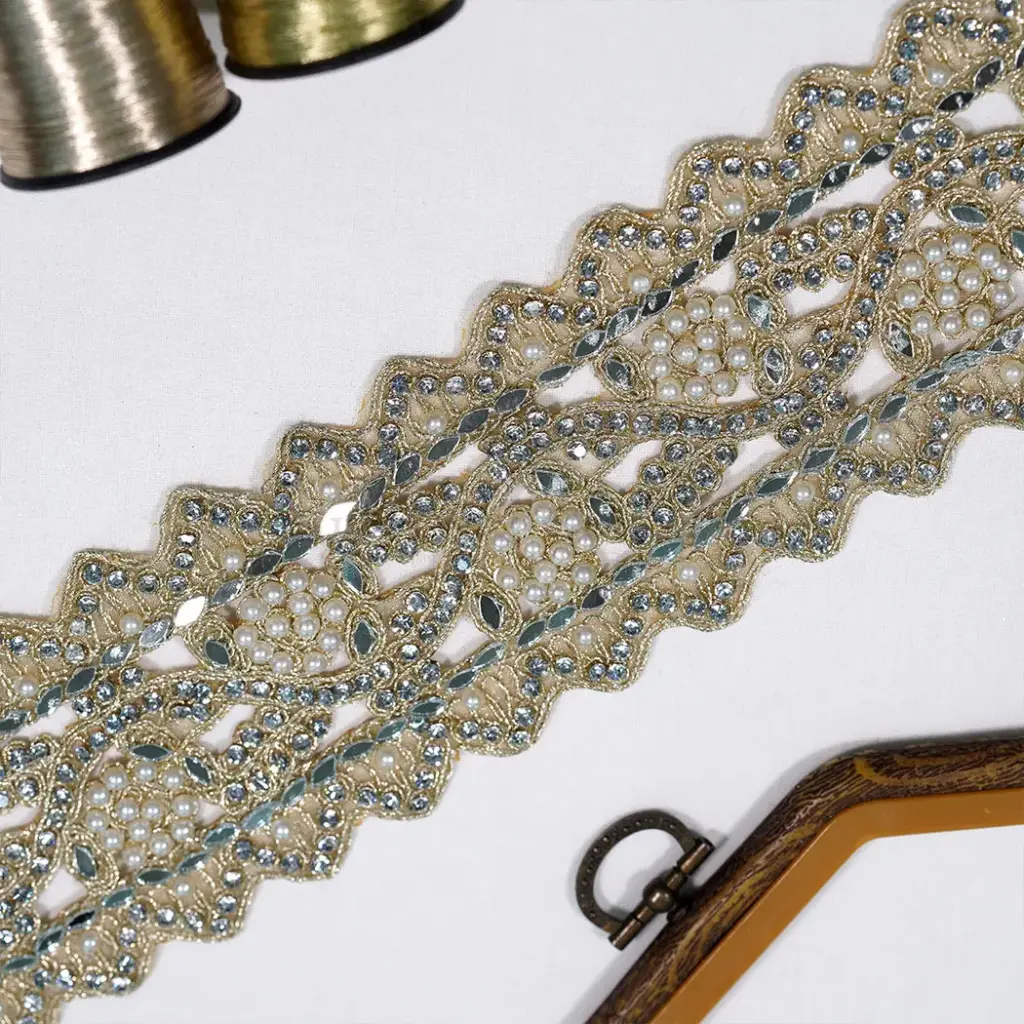 Decorative Rhinestone & Pearl Accent Fancy Metallic Yarn Lace