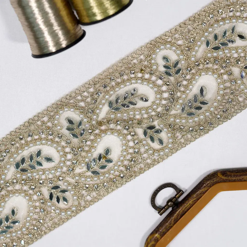 Fancy Metallic Yarn Lace Embellished with Stones, Pearl