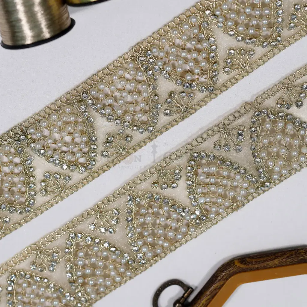 Decorative Pearl & Stones Embellishment Fancy Metallic Yarn Lace
