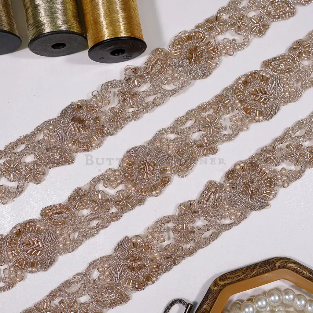 Fancy Metallic Yarn Lace Embellished with Pearl & Glass Beads