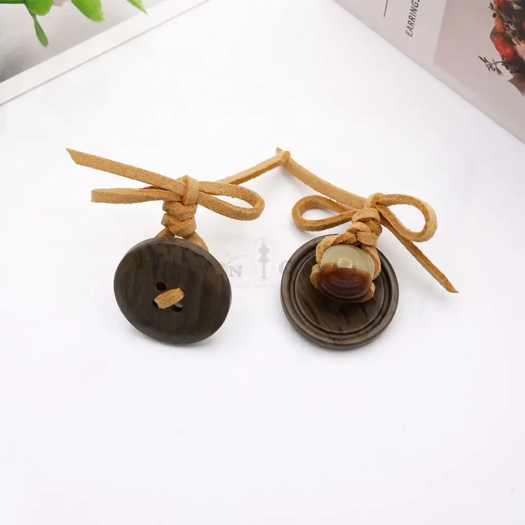 Wood-Grain Texture Round Button with Spherical Bead & Leather Knot Embellishment
