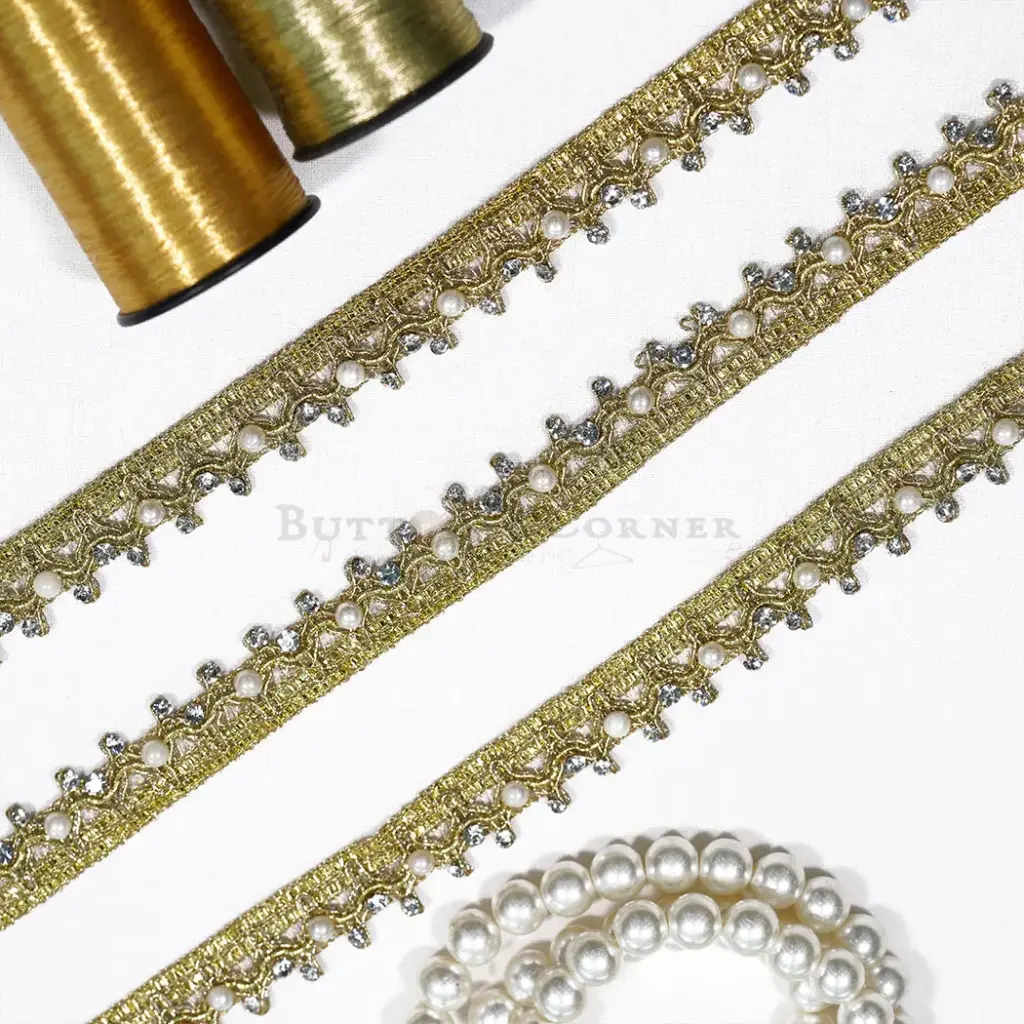 Light Gold Zari Embroidered Beaded Lace with Pearls & Hanging Rhinestones