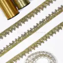 Light Gold Zari Embroidered Beaded Lace with Pearls & Hanging Rhinestones