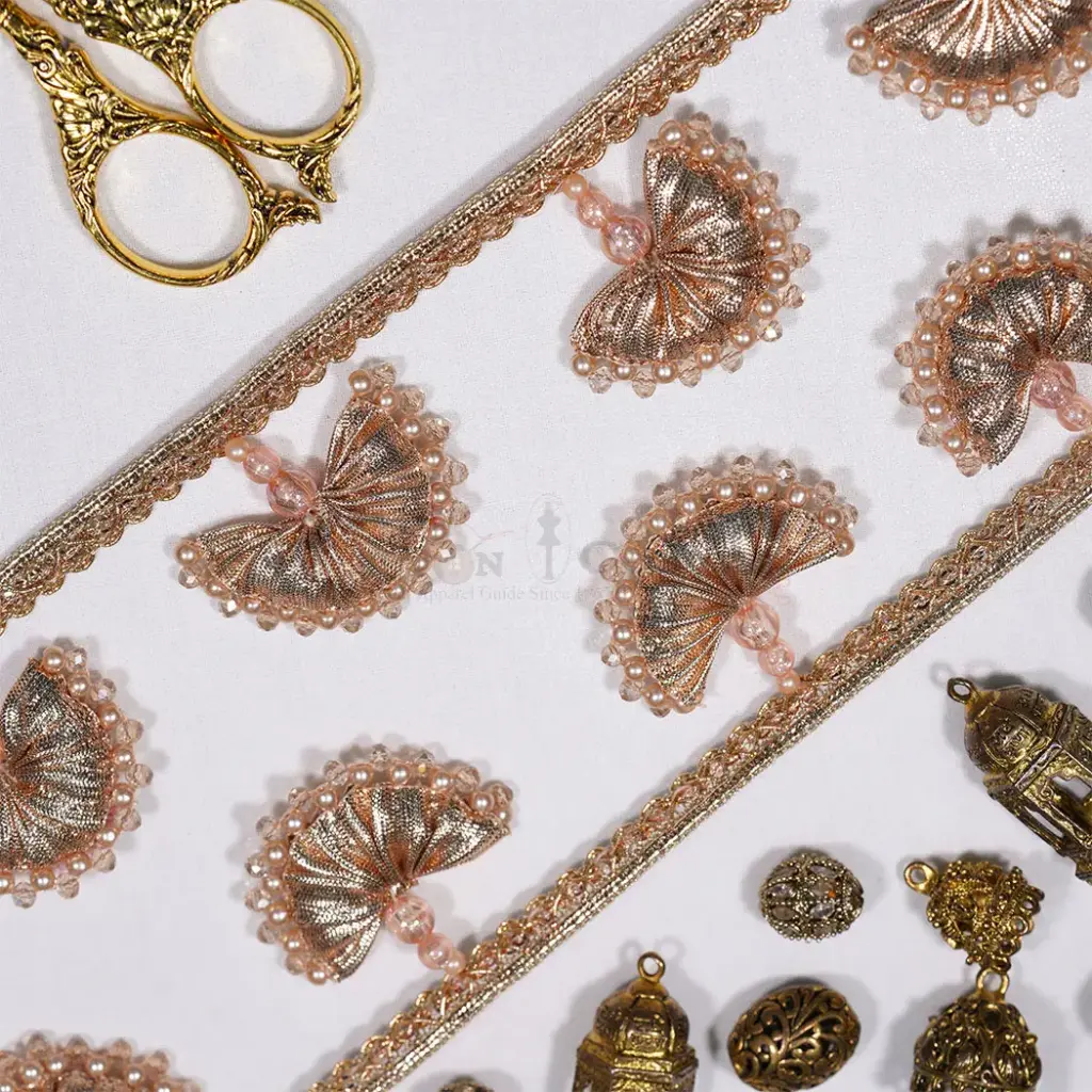 Semi-circular Fan Shape Hanging Lace with Beaded Pearl & Faceted Crystal Outer Edge