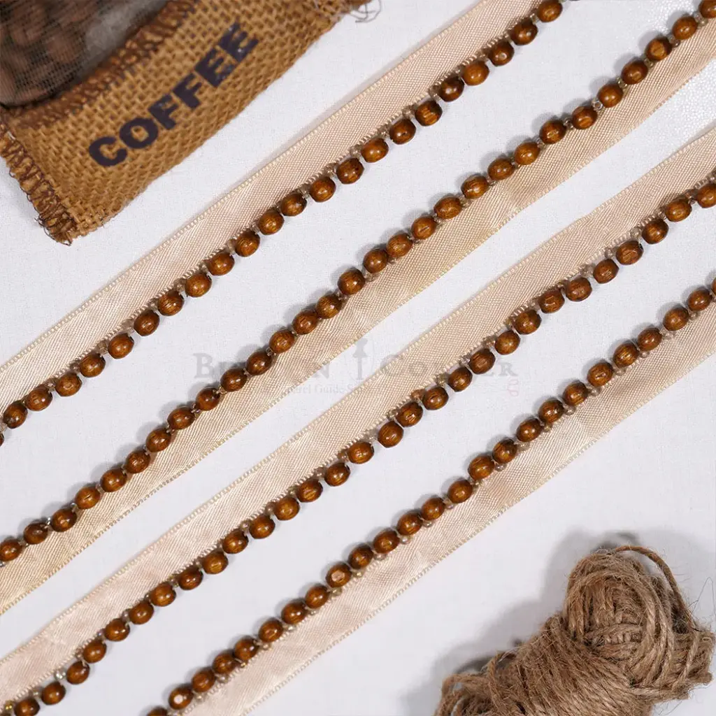 Fancy Walnut Brown Wooden Pearl with Crystal White Glass Beads Hanging Lace