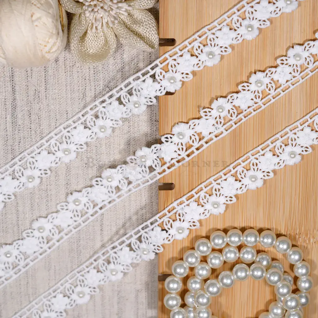 One Side Border Shuttle Lace with Floral Edge with Pearl Embellishment
