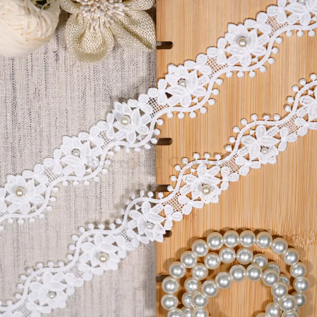 Scallop Border Floral Design Shuttle Lace with Pearl Embellishment