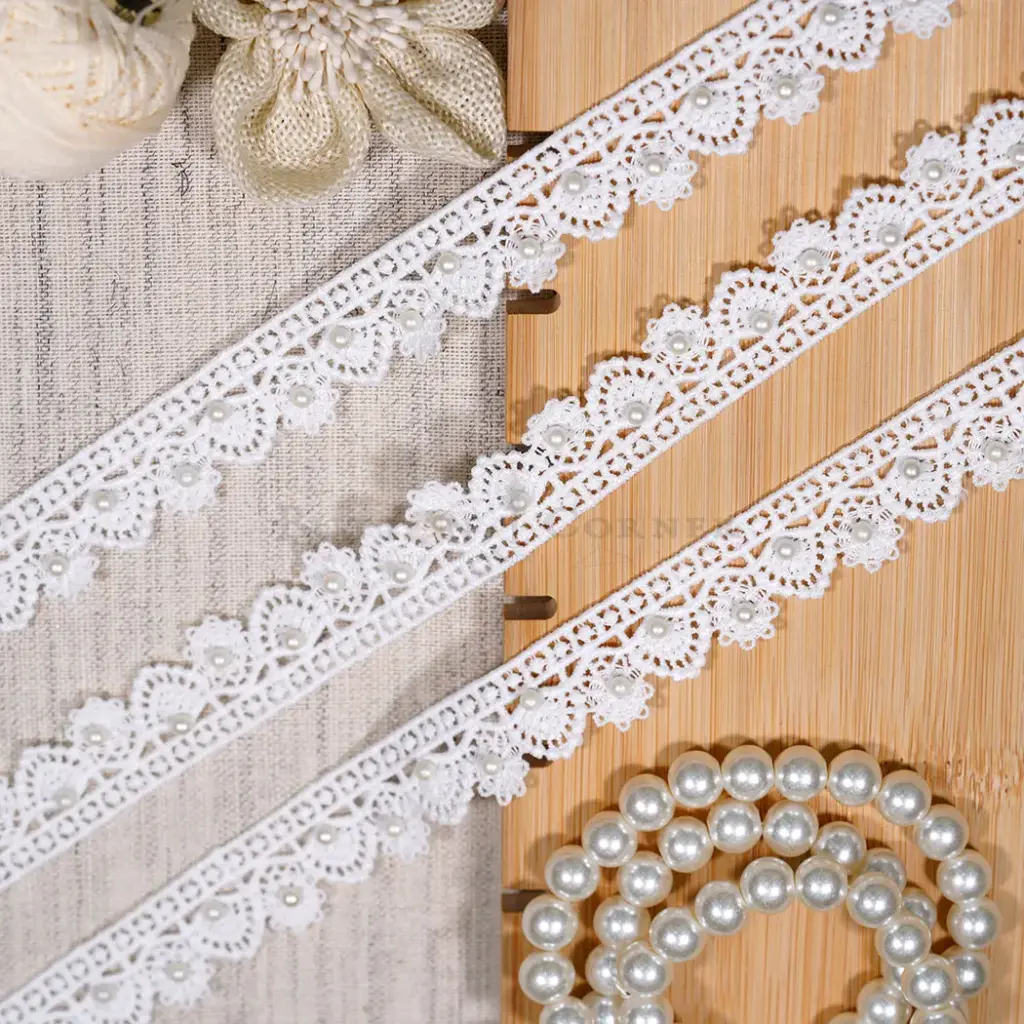 Scallop Edge Side Border Shuttle Lace with Pearl Embellishment
