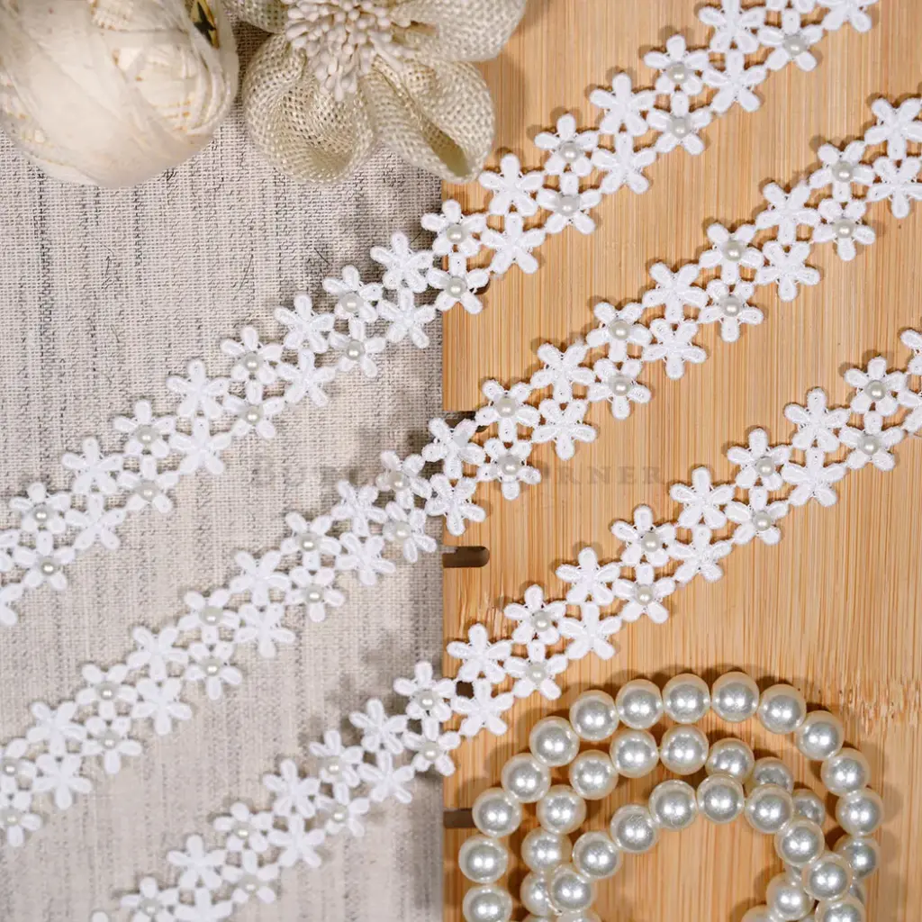 Blooming Flower Design Shuttle Lace with Pearl Embellishment