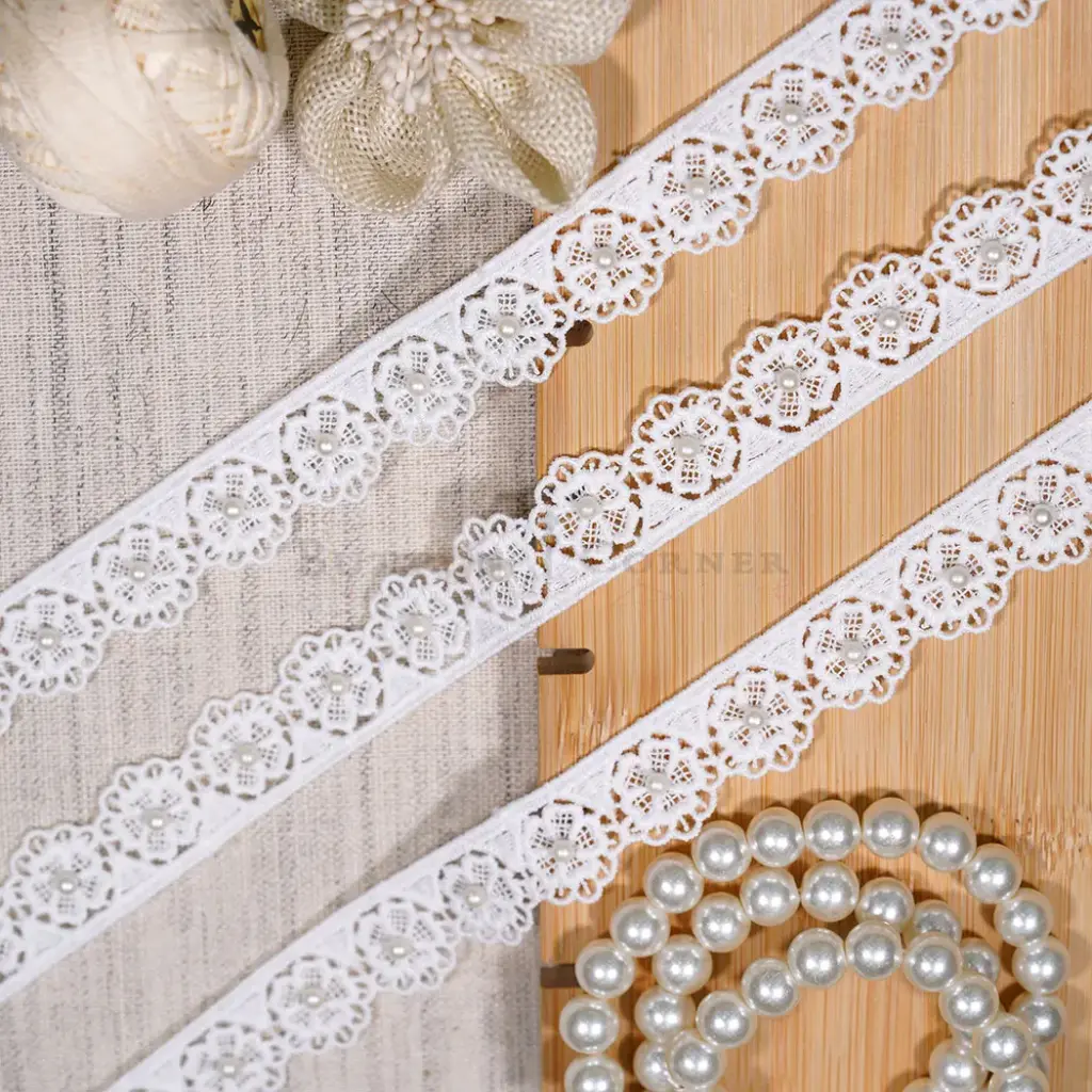 Floral Scallop Side Border Shuttle Lace with Pearl Embellishment