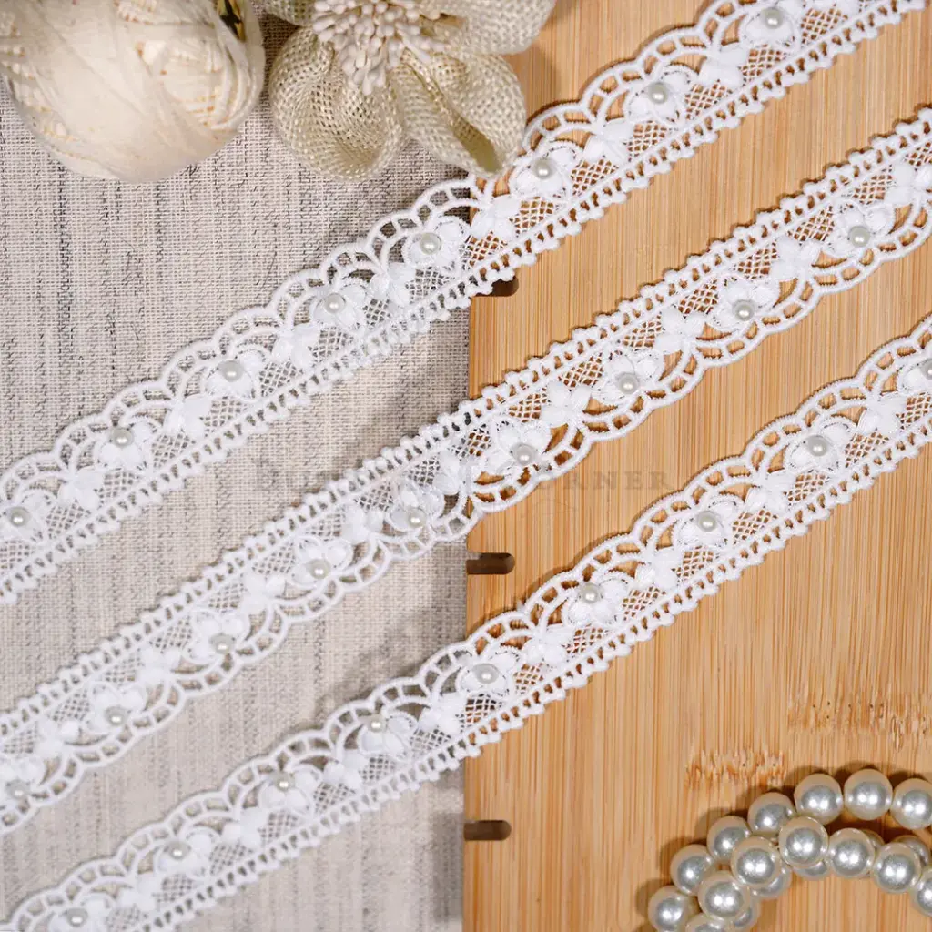 Leaf Pattern Side Border Shuttle Lace with Pearl Embellishment