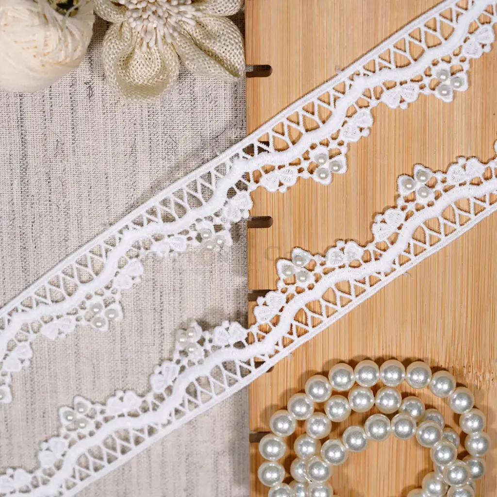 One Side Border Shuttle Lace with Pearl Embellishment