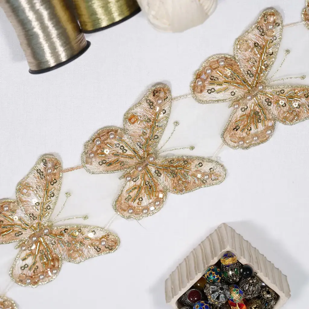 Decorative Butterfly Design Fancy Lace Embellished with Pearl, Sequence & Glass Beads