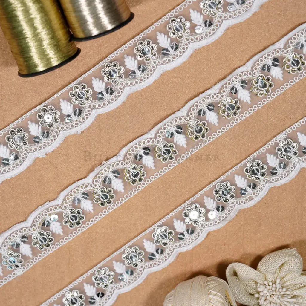 White Scalloped Edge Sequence Net Embroidered Lace in Chicken Kari Leaf Accents 