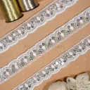 White Scalloped Edge Sequence Net Embroidered Lace in Chicken Kari Leaf Accents 