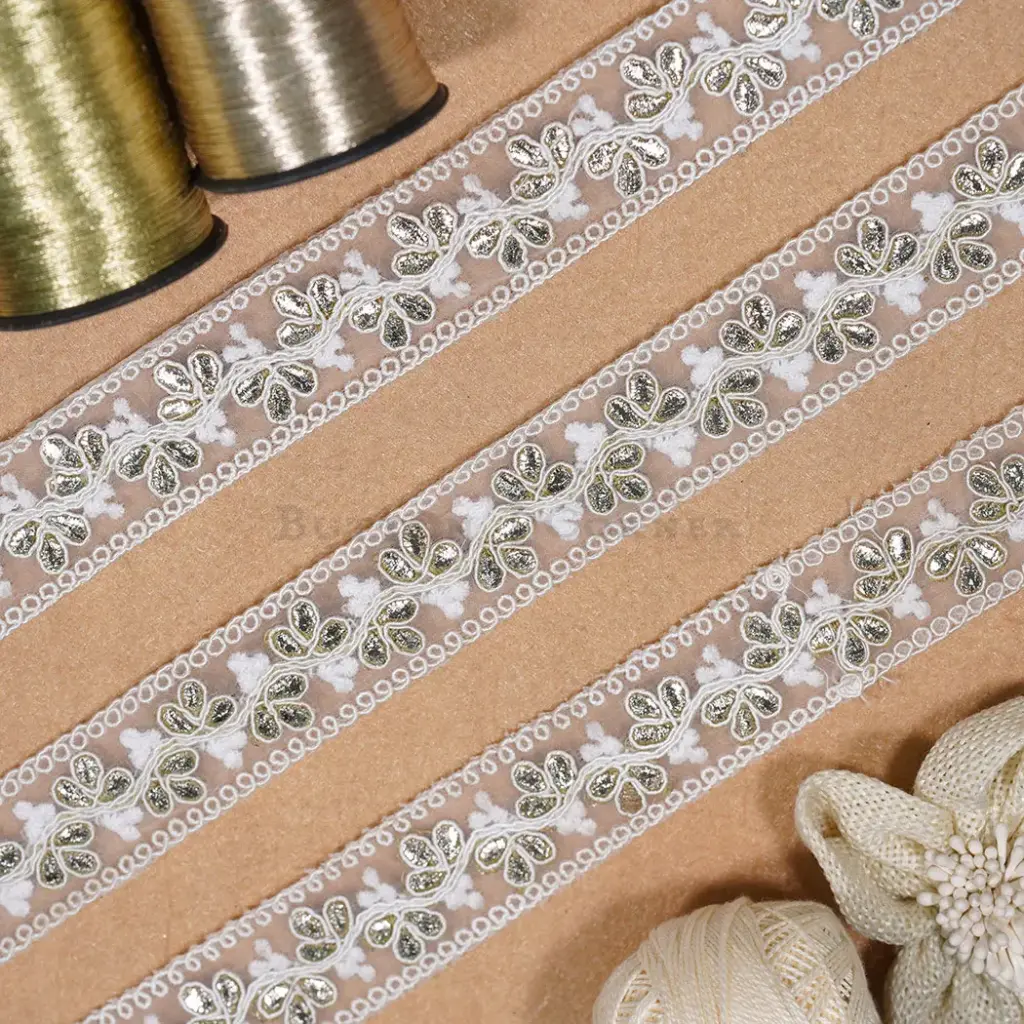 Net Embroidered Lace with Gold Chicken Kari Motif & Scalloped Loop Edges
