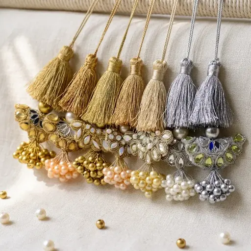 Metallic Yarn Mirror, Gota & Pearl Tassel