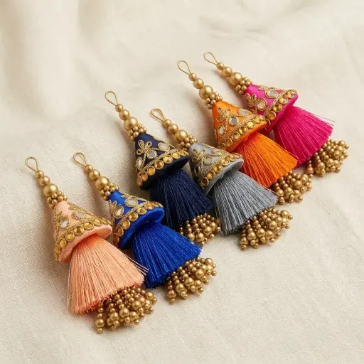 Embroidery Thread Cap Design Kundan Pearl Tassel